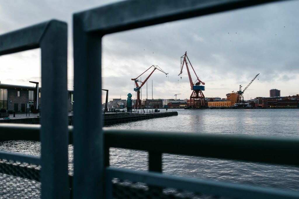 Utsikt över en hamn med lyftkranar, sedd genom ett räcke